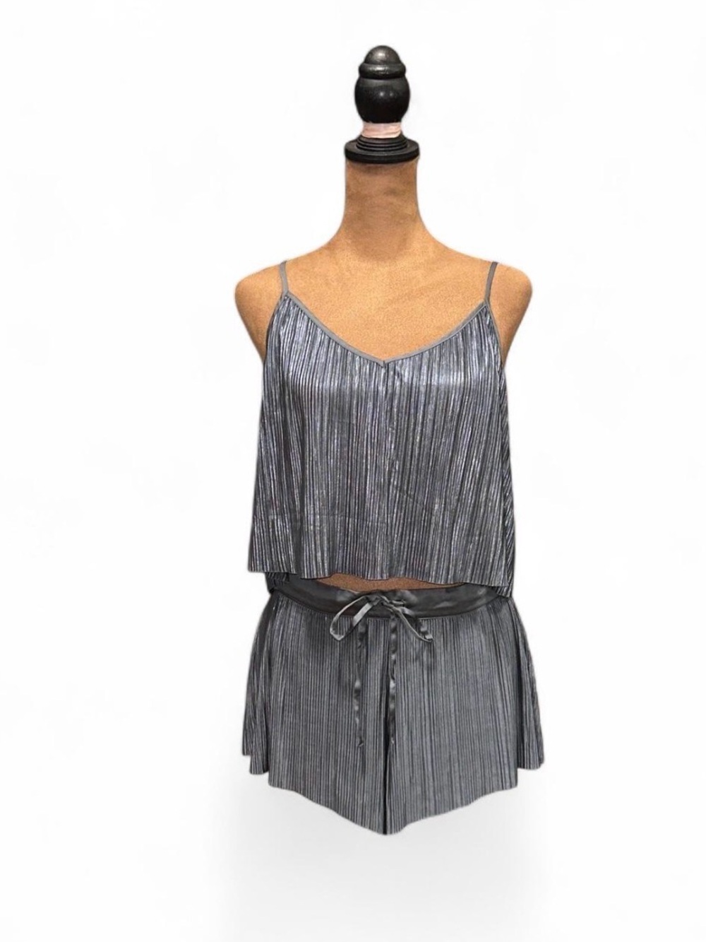 Metallic Silver Pleated Cami & Short Set Medium Victoria’s Secret Pajamas Satin